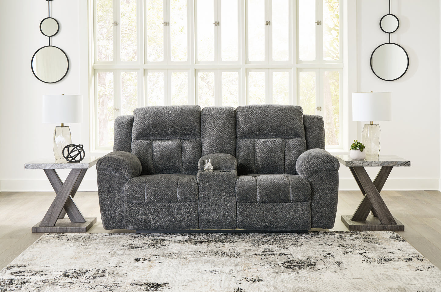 Myers Furniture Outlet - Ashley Furniture - Frohn Living Room - DBL Rec Loveseat w/Console / Graphite - 3740694