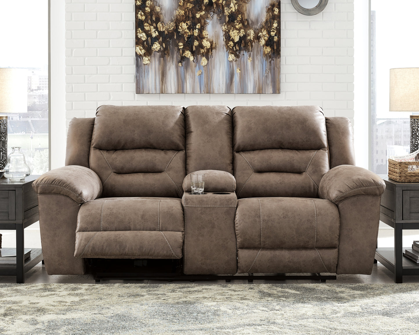 Myers Furniture Outlet - Ashley Furniture - Stoneland Living Room - DBL REC PWR Loveseat w/Console / Fossil - 3990596