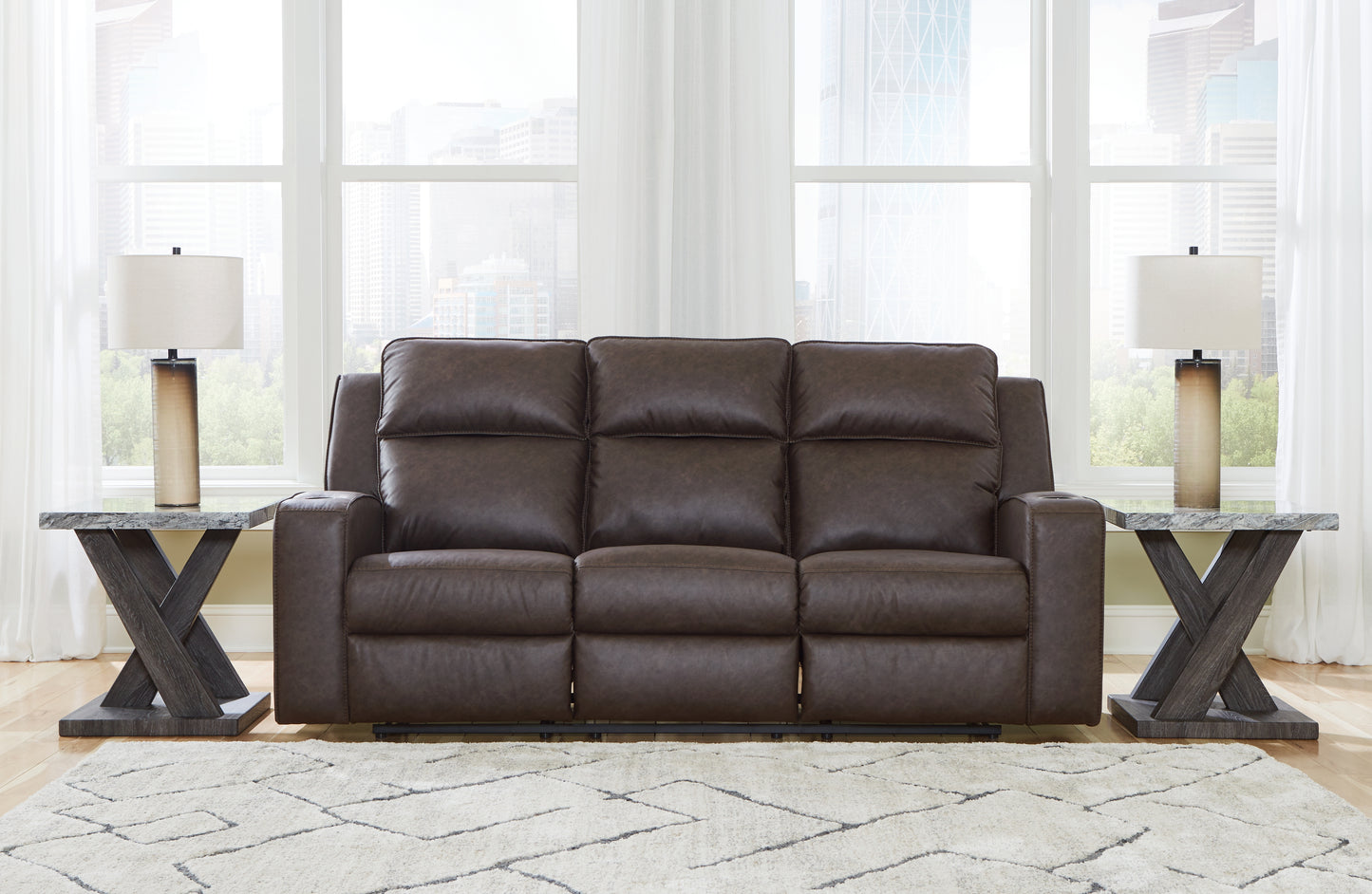 Myers Furniture Outlet - Ashley Furniture - Lavenhorne Living Room - REC Sofa w/Drop Down Table / Umber - 6330689