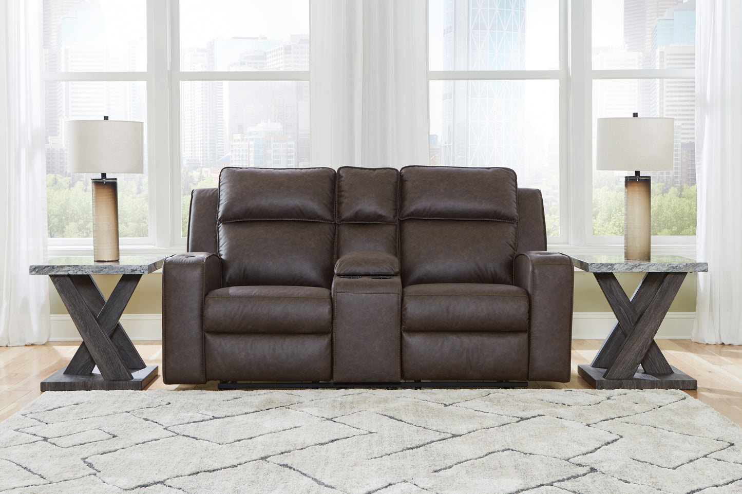 Myers Furniture Outlet - Ashley Furniture - Lavenhorne Living Room - DBL Rec Loveseat w/Console / Umber - 6330694
