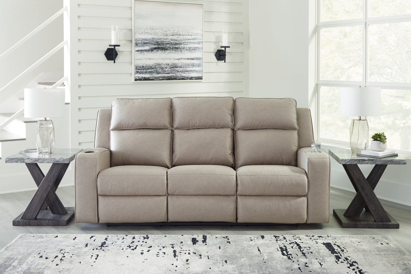 Myers Furniture Outlet - Ashley Furniture - Lavenhorne Living Room - REC Sofa w/Drop Down Table / Pebble - 6330789