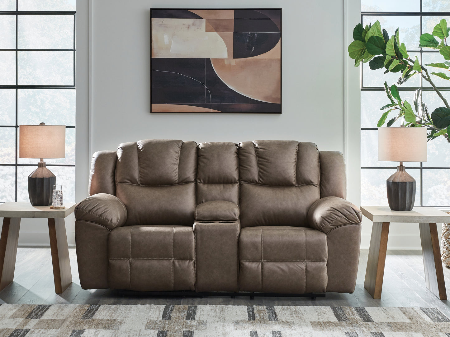 Myers Furniture Outlet - Ashley Furniture - Lowilla Living Room - DBL Rec Loveseat w/Console / Driftwood - PC6450694