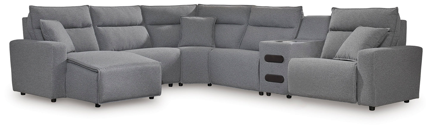 Myers Furniture Outlet - Ashley Furniture - ModMax II Sectional - 6-Piece Reclining Sectional with Chaise and Audio Console / Salt and Pepper - 65906S29