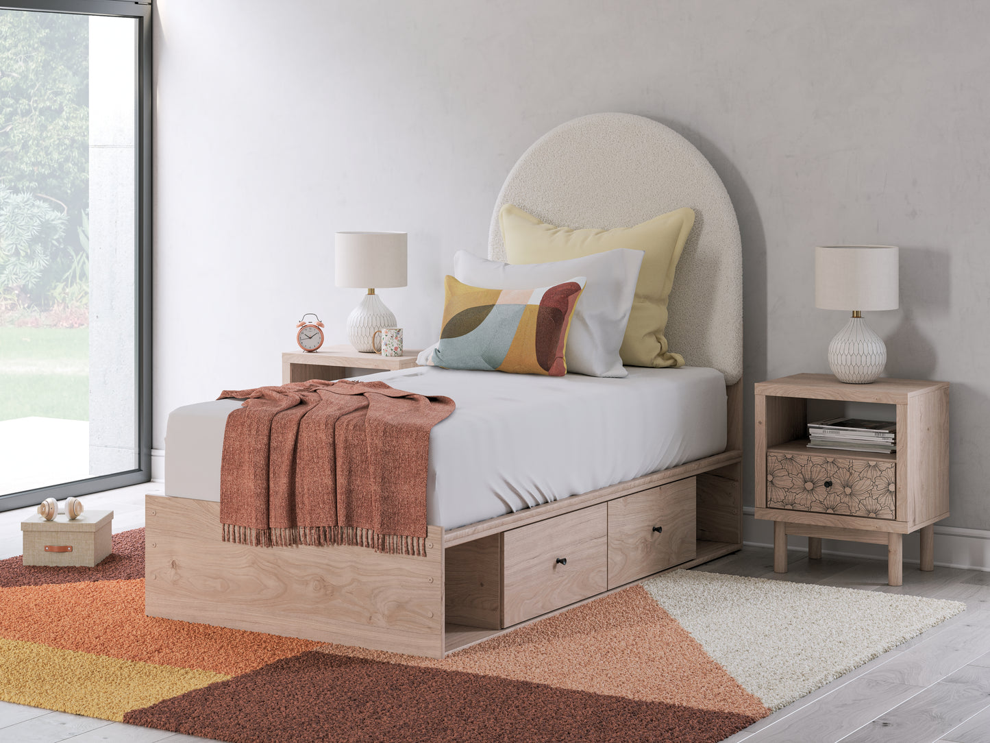 Myers Furniture Outlet - Ashley Furniture - Arloster Bedroom - Twin Upholstered Panel Bed with Storage / Tan/White - PCB1566B4