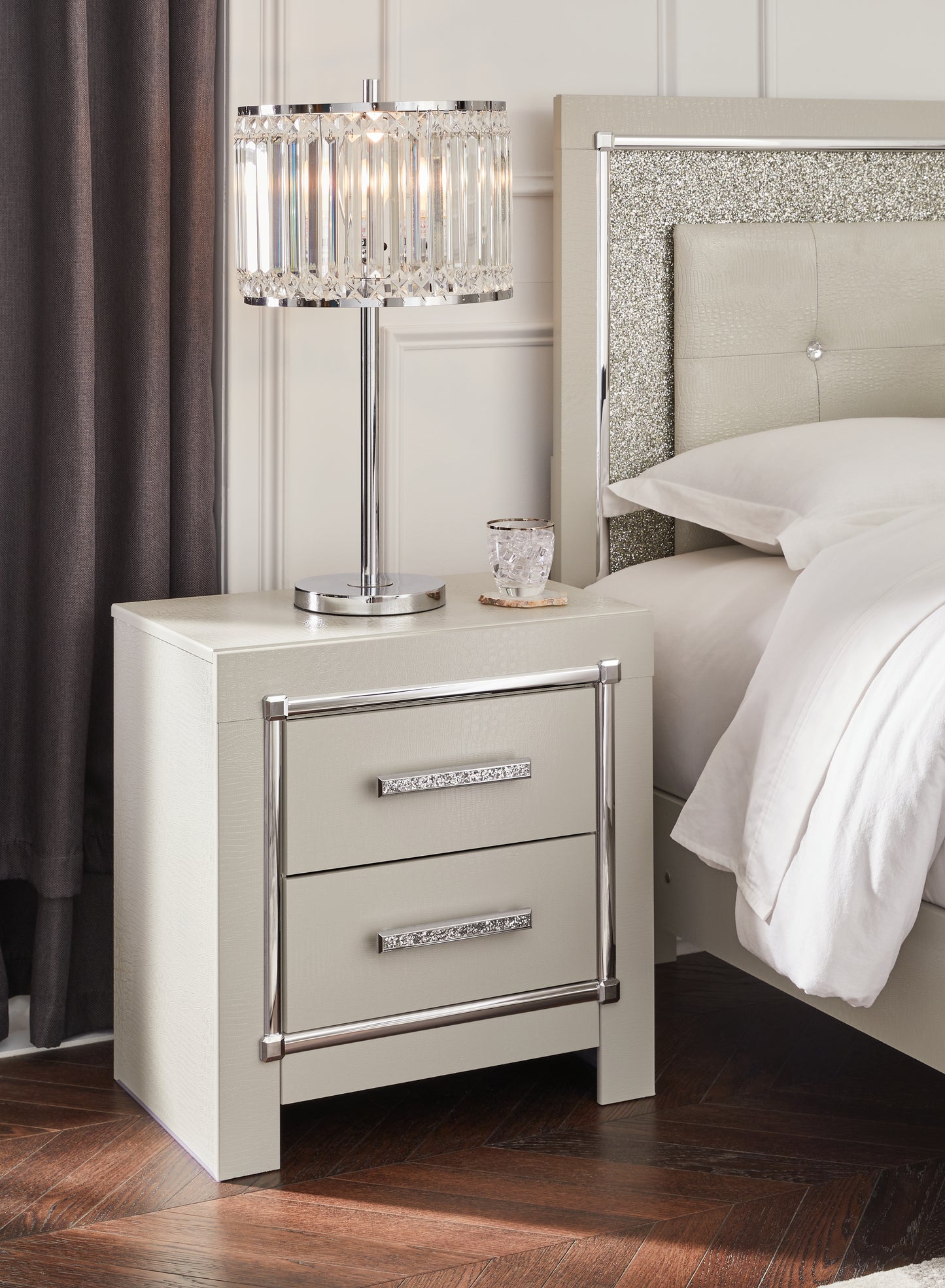 Myers Furniture Outlet - Ashley Furniture - Zyniden Bedroom - Two Drawer Night Stand / Silver - B2114-92