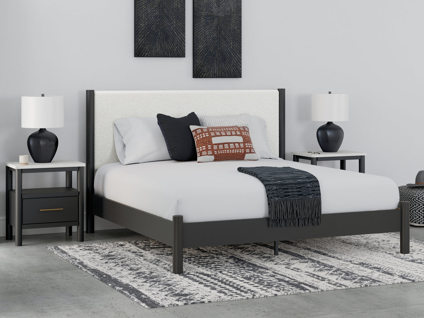 Myers Furniture Outlet - Ashley Furniture - Cadmori Bedroom - King Upholstered Panel Bed / Black/White - B2616B8