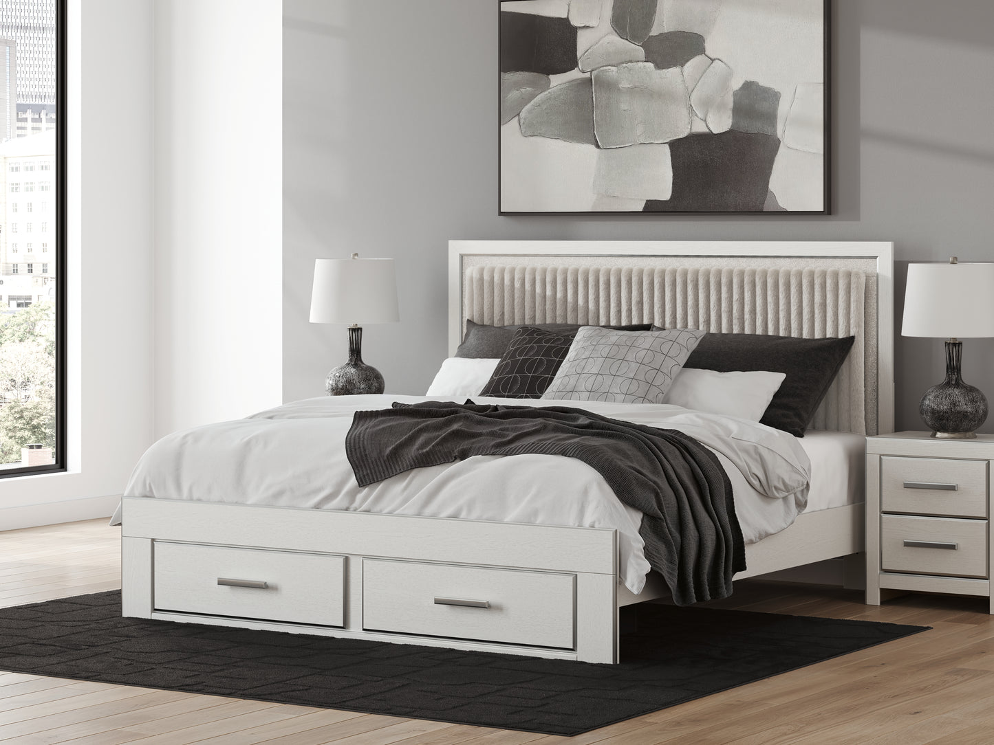 Myers Furniture Outlet - Ashley Furniture - Zuraleus Bedroom - King Upholstered Panel Storage Bed / White - PCB3381B9