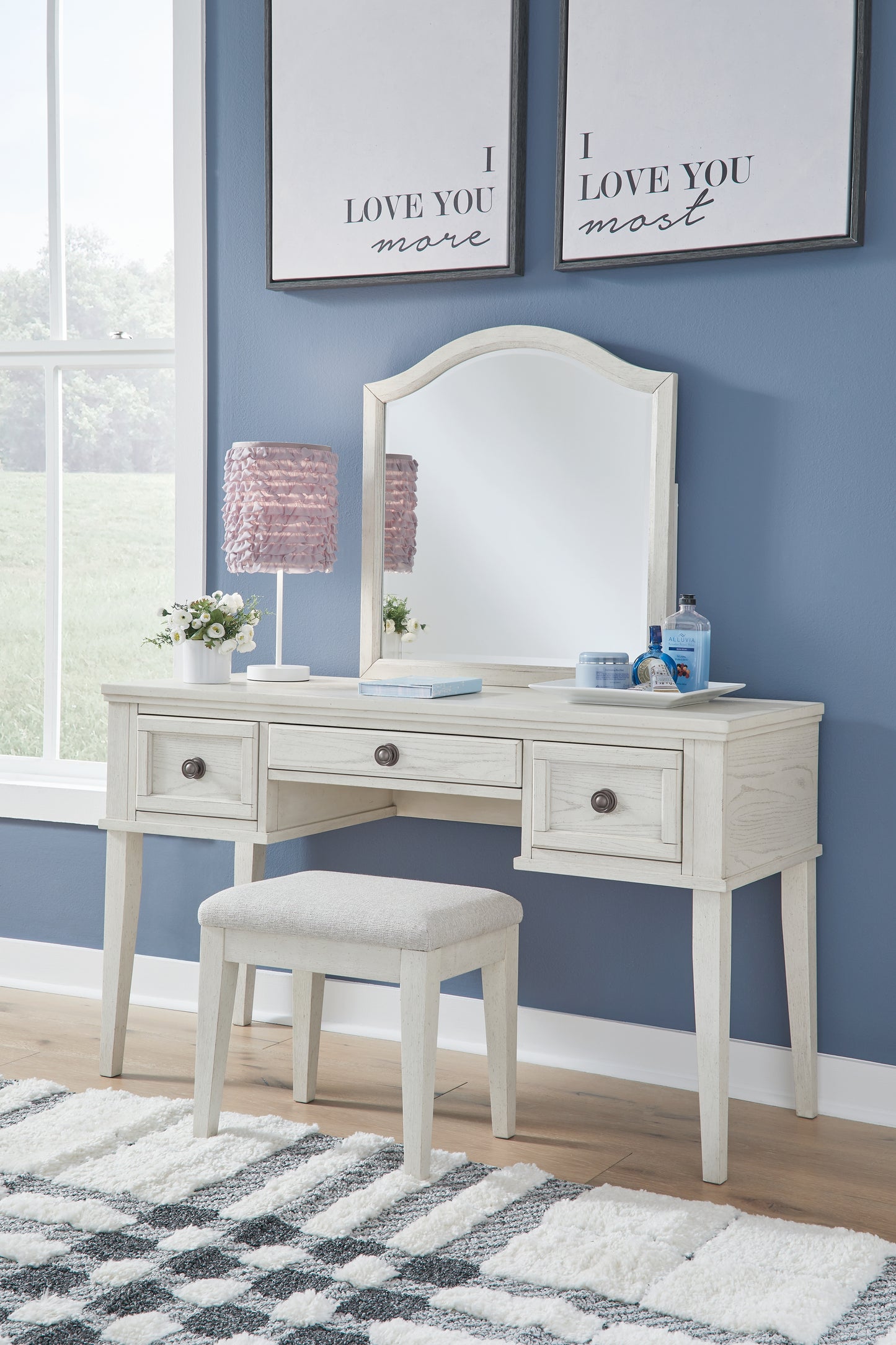 Myers Furniture Outlet - Ashley Furniture - Robbinsdale Mirrored Vanity with Bench - Mirrored Vanity with Bench / Antique White - B742B11
