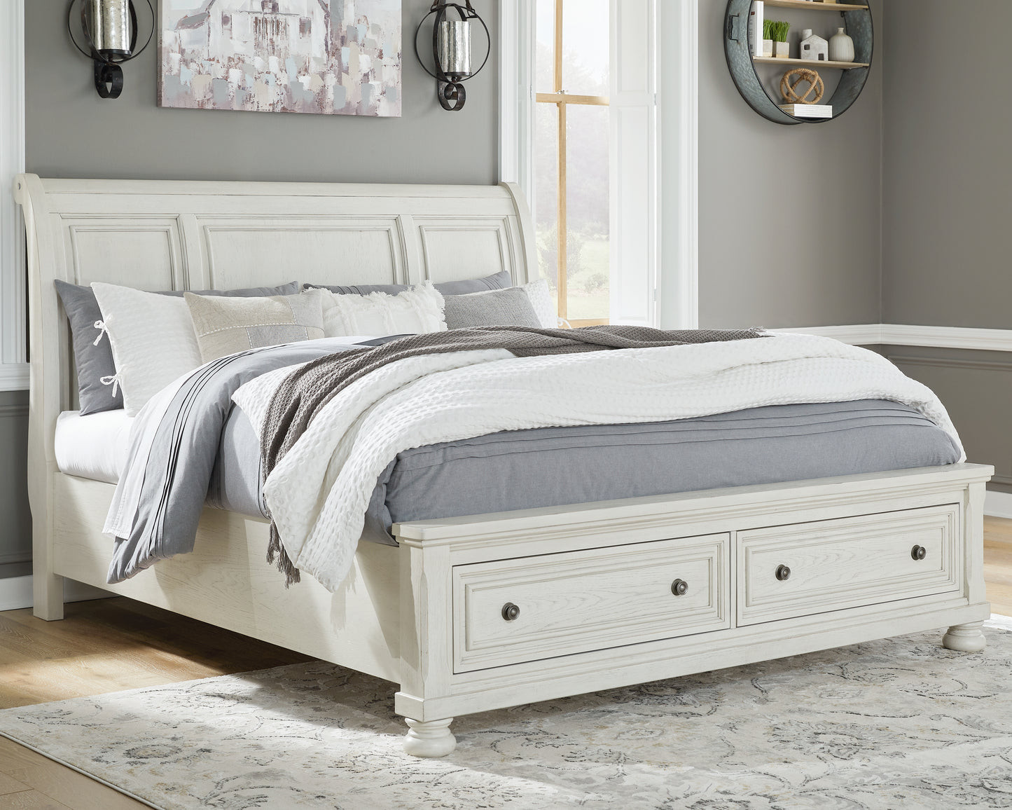 Myers Furniture Outlet - Ashley Furniture - Robbinsdale Bedroom - California King Sleigh Bed with Storage / Antique White - B742B9