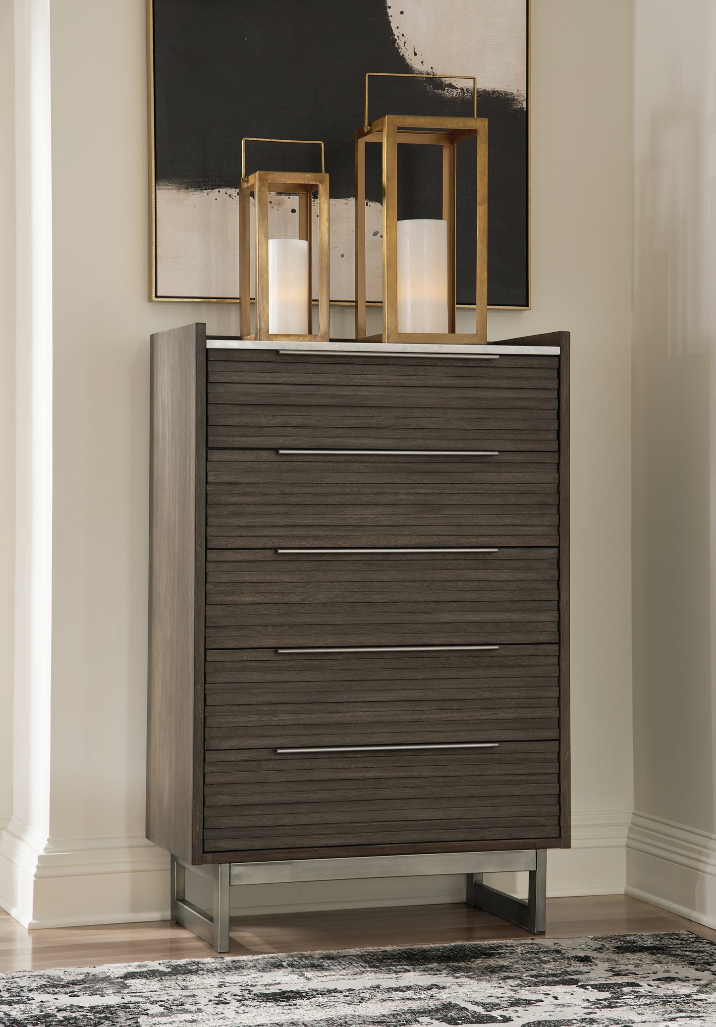 Myers Furniture Outlet - Ashley Furniture - Arkenton Bedroom - Five Drawer Chest / Grayish Brown/White - B786-46