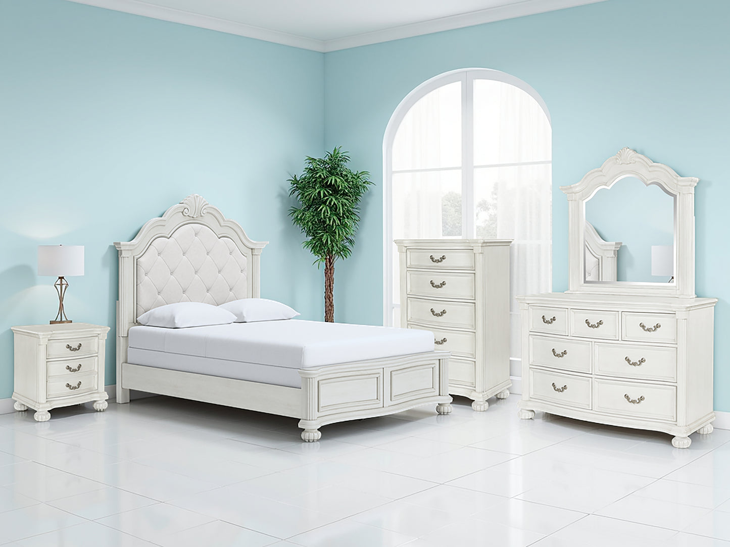 Myers Furniture Outlet - Ashley Furniture - Montelaine Bedroom - Queen Upholstered Panel Bed / Antique White - B795B2