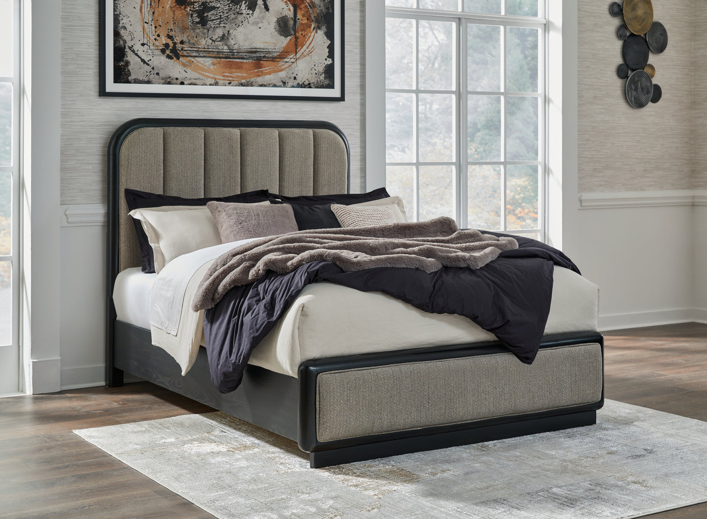 Myers Furniture Outlet - Ashley Furniture - Rowanbeck Bedroom - Queen Upholstered Panel Bed / Gray/Black - B821B2