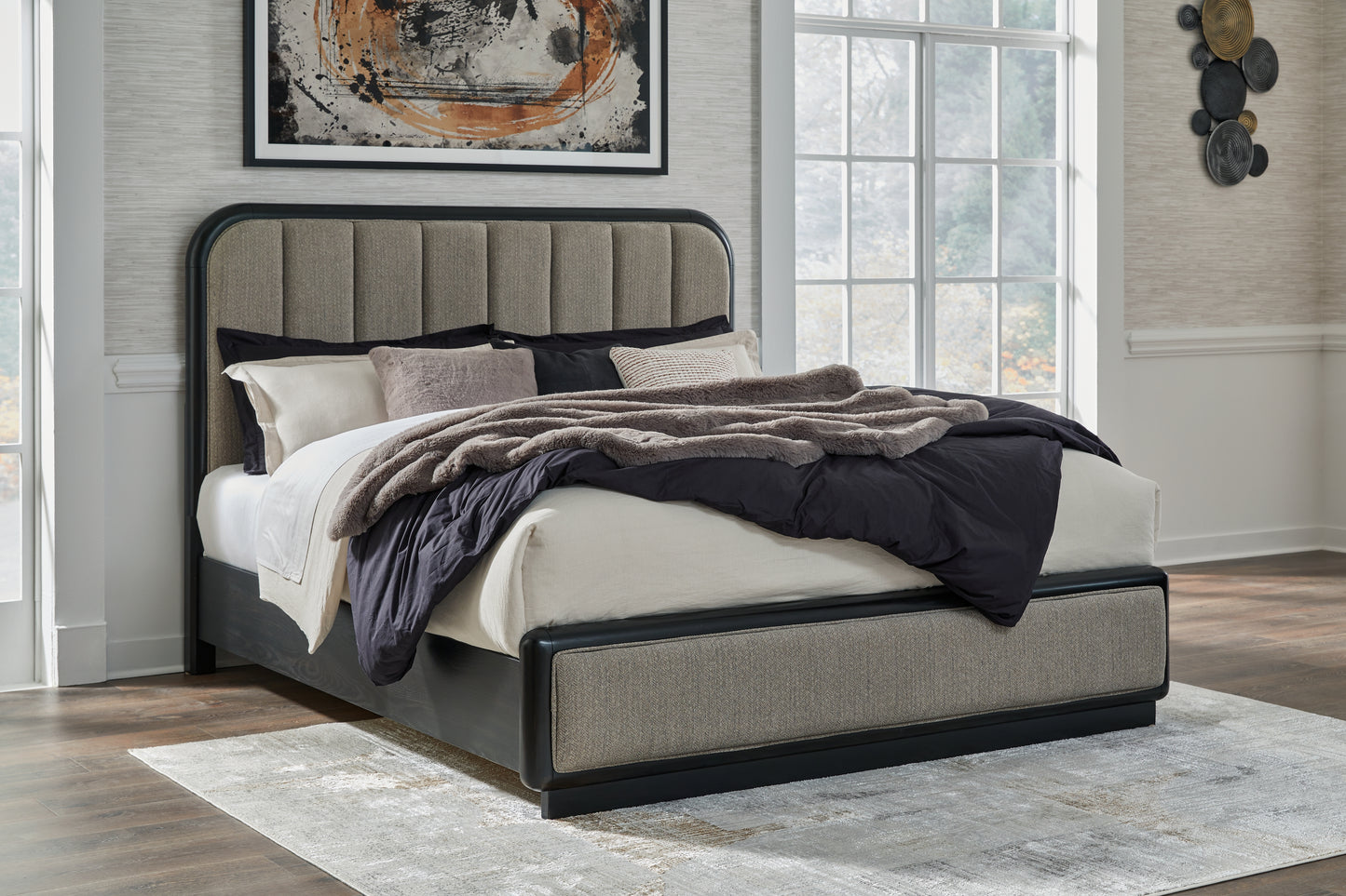 Myers Furniture Outlet - Ashley Furniture - Rowanbeck Bedroom - California King Upholstered Panel Bed / Gray/Black - B821B5