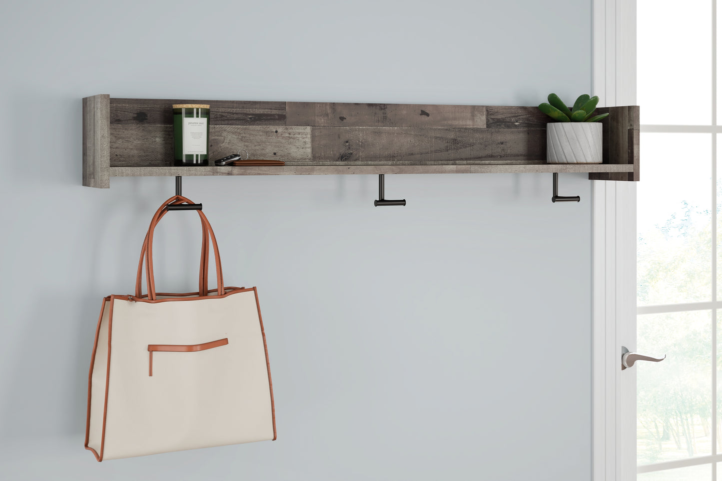 Myers Furniture Outlet - Ashley Furniture - Neilsville Wall Decor - Wall Mounted Coat Rack w/Shelf / Multi Gray - EA2120-151