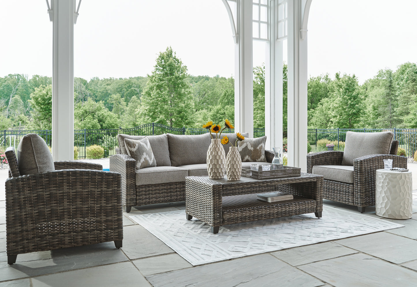Myers Furniture Outlet - Ashley Furniture - Oasis Court Outdoor - Sofa/Chairs/Table Set (4/CN) / Gray - P335-081