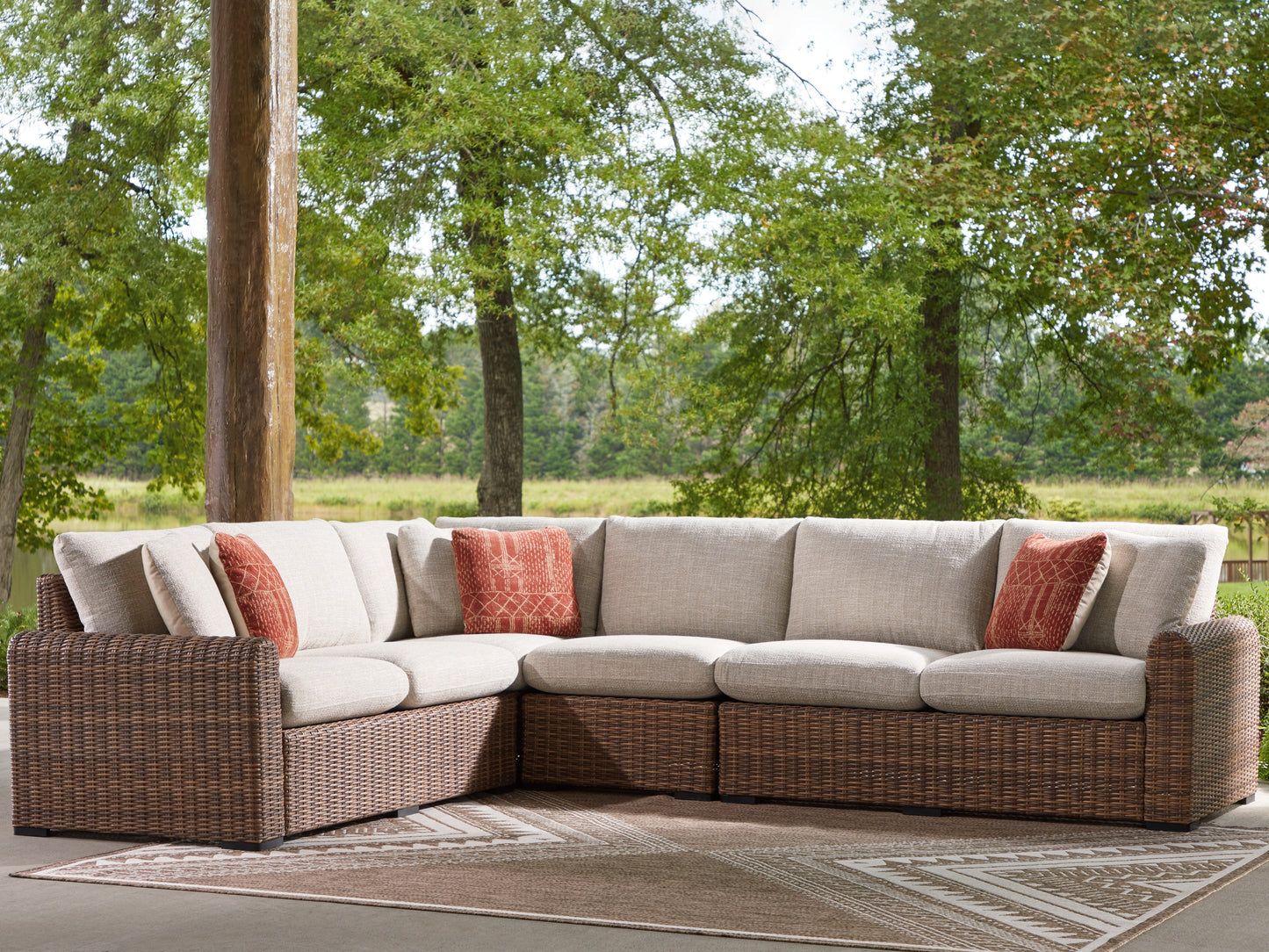 Myers Furniture Outlet - Ashley Furniture - Dolan Creek Outdoor - 4-Piece Outdoor Sectional / Beige/Brown - PCP610P2