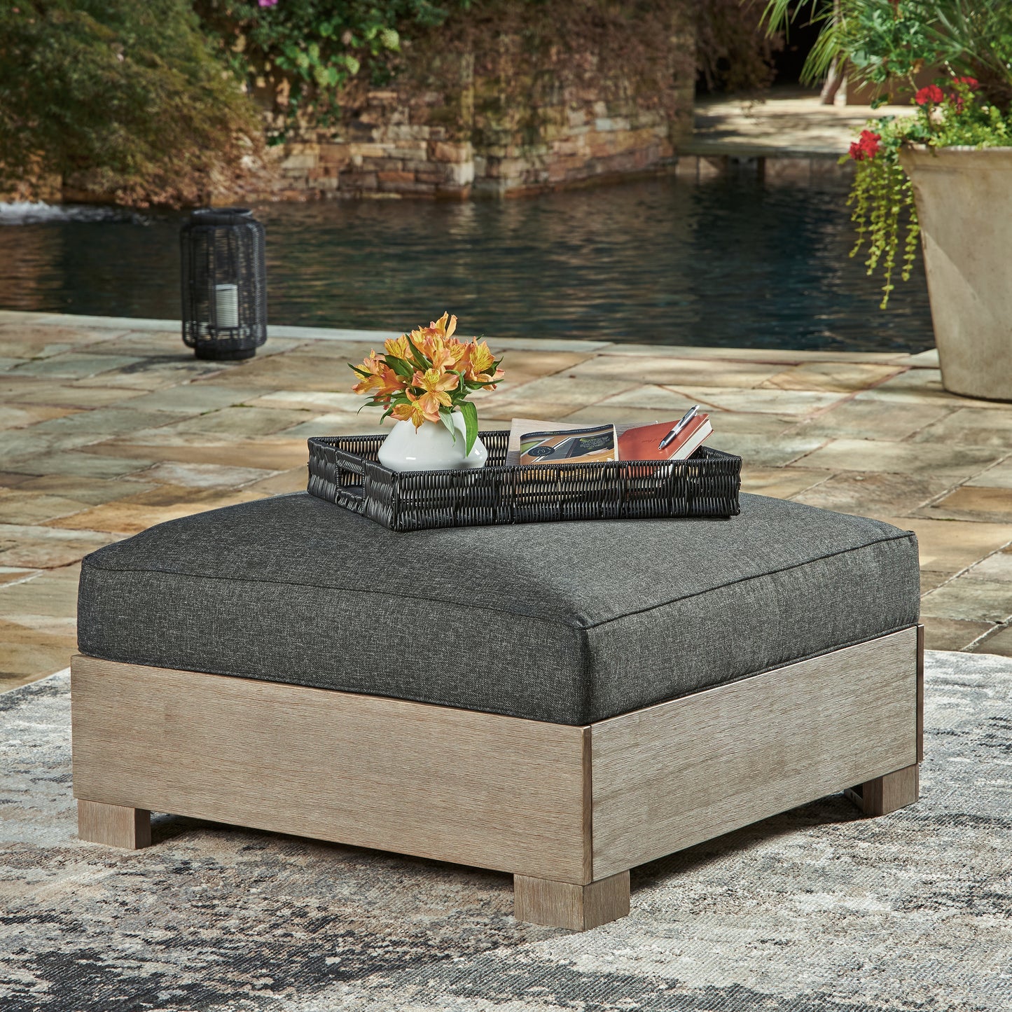 Myers Furniture Outlet - Ashley Furniture - Citrine Park Outdoor - Ottoman with Cushion / Brown/Charcoal - P660-814