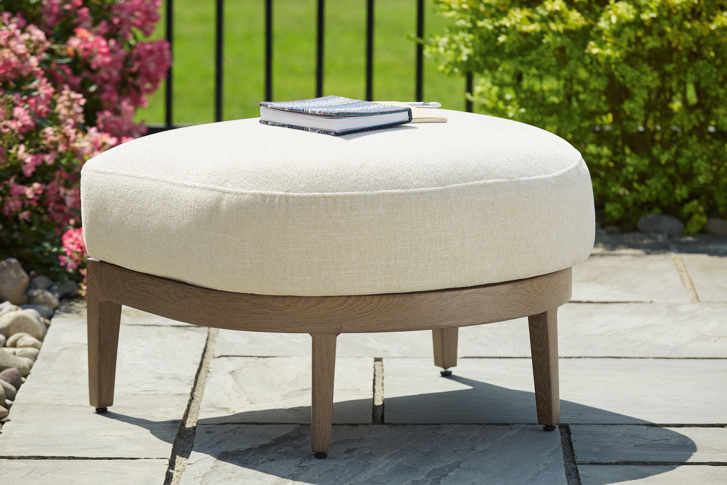 Myers Furniture Outlet - Ashley Furniture - Serene Bay Outdoor - Ottoman with Cushion / Dark Brown/White - P671-814