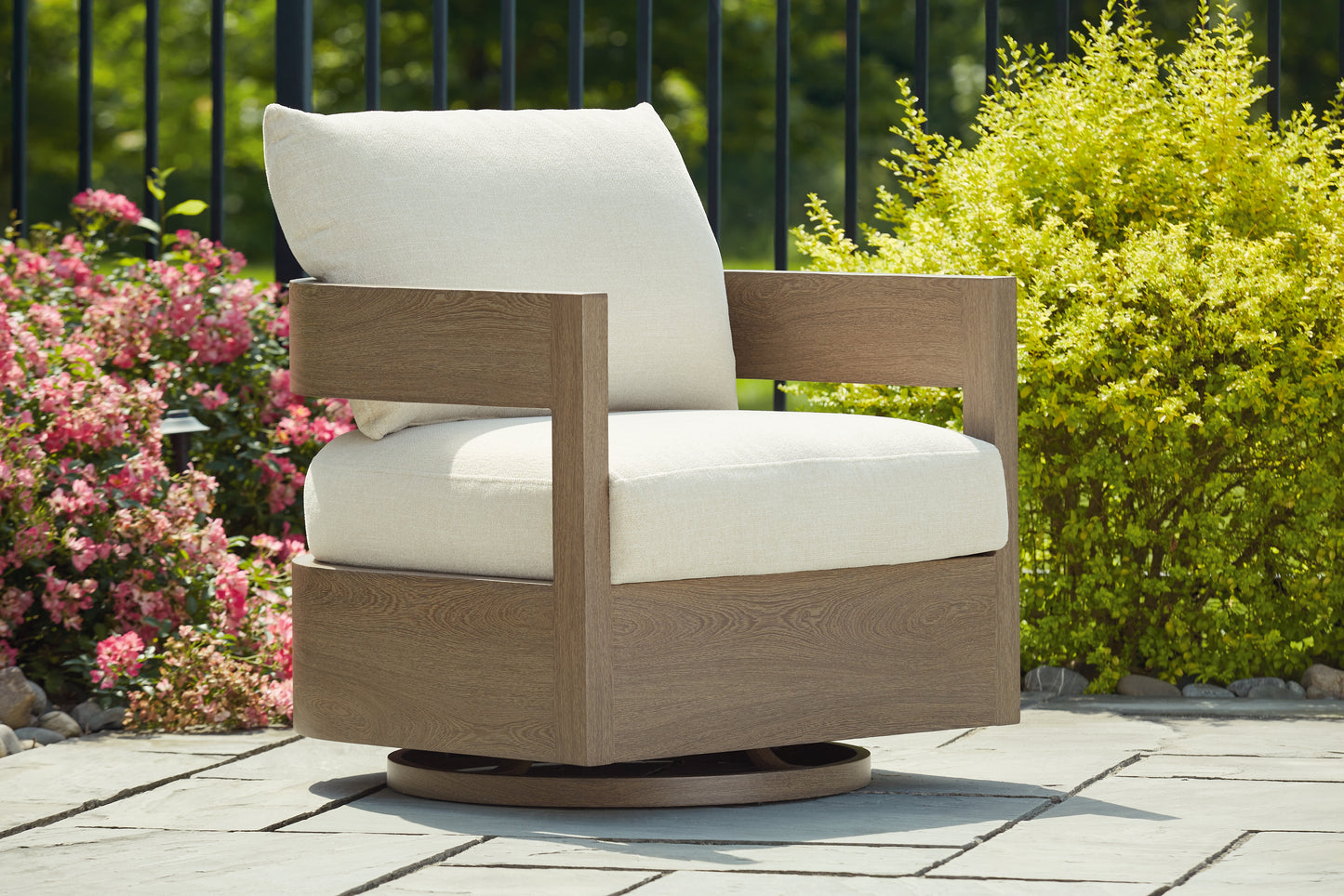 Myers Furniture Outlet - Ashley Furniture - Serene Bay Outdoor - Swivel Glider Chair w/Cushion / Dark Brown/White - P671-821