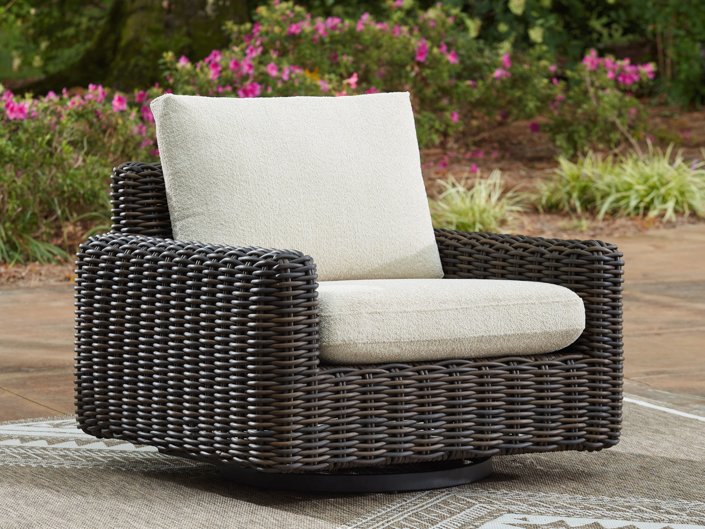 Myers Furniture Outlet - Ashley Furniture - Kimora Outdoor - Swivel Glider Lounge w/Cushion / Beige/Dark Brown - P711-821