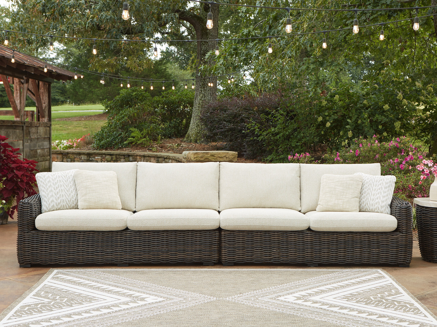 Myers Furniture Outlet - Ashley Furniture - Kimora Outdoor - RAF/LAF Loveseat w/CUSH (Set of 2) / Beige/Dark Brown - P711-854