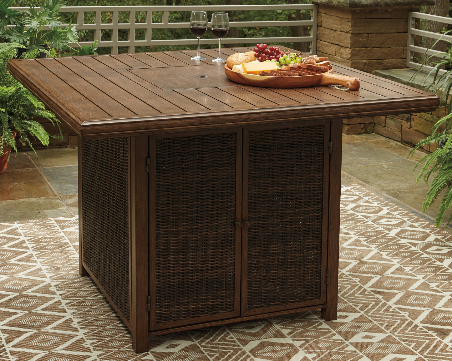 Myers Furniture Outlet - Ashley Furniture - Paradise Trail Outdoor - Square Bar Table w/Fire Pit / Medium Brown - P750-665