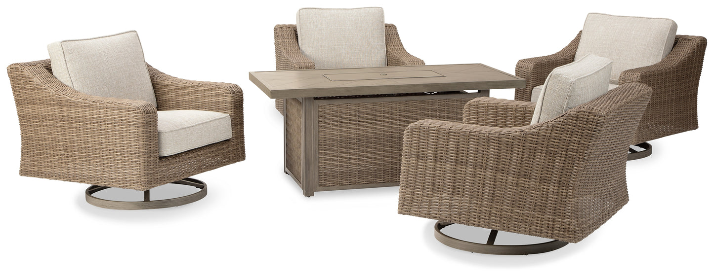 Myers Furniture Outlet - Ashley Furniture - Beachcroft Outdoor - 5-Piece Outdoor Fire Pit Table with 4 Chairs / Beige - P791P17