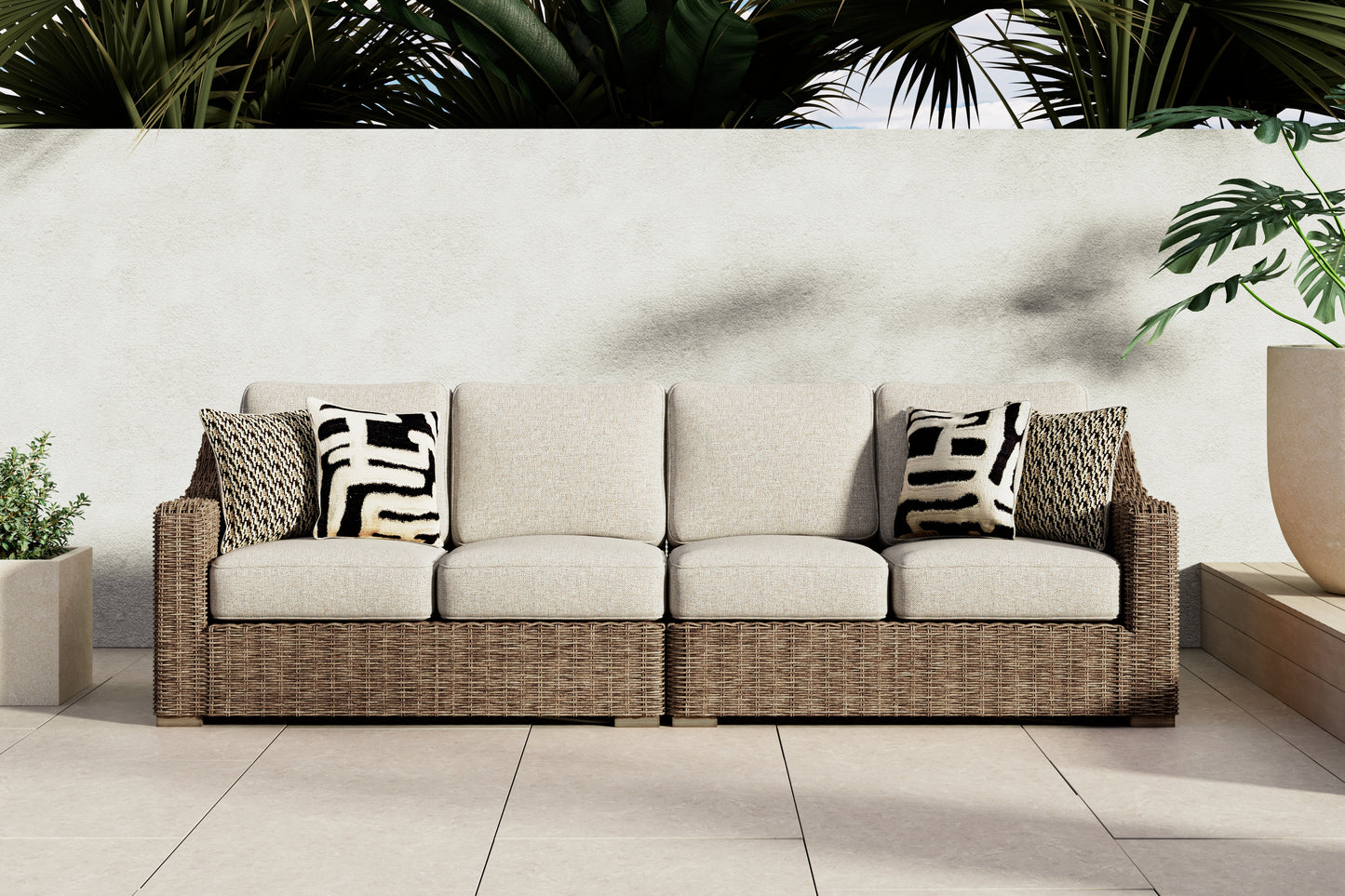 Myers Furniture Outlet - Ashley Furniture - Beachcroft Outdoor - RAF/LAF Loveseat w/CUSH (Set of 2) / Beige - P791-854