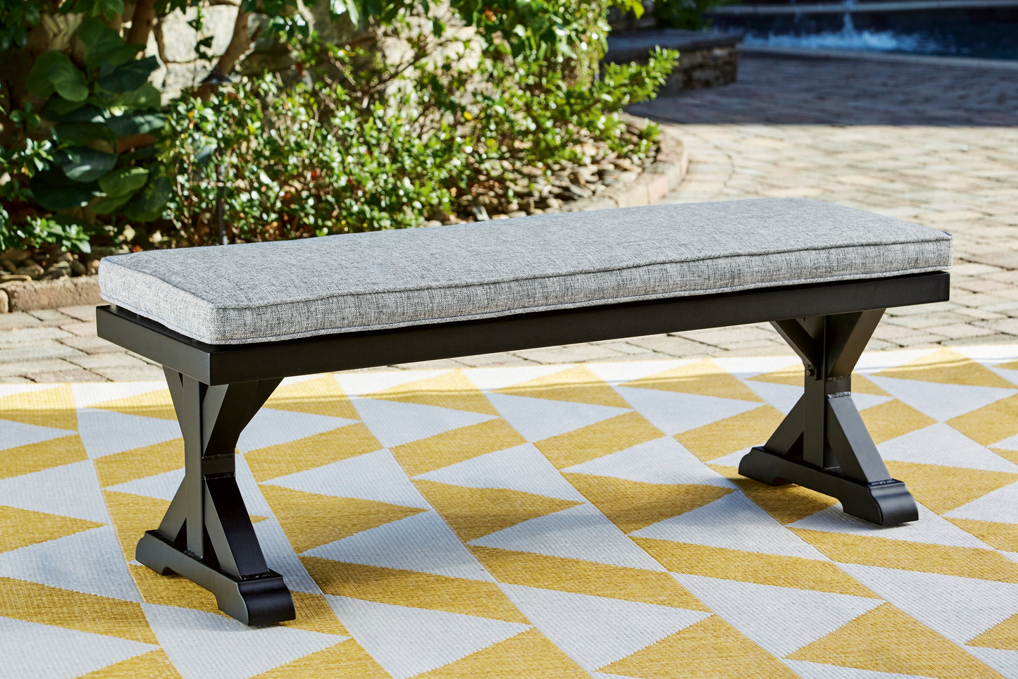 Myers Furniture Outlet - Ashley Furniture - Beachcroft Outdoor - Bench with Cushion / Black/Light Gray - P792-600
