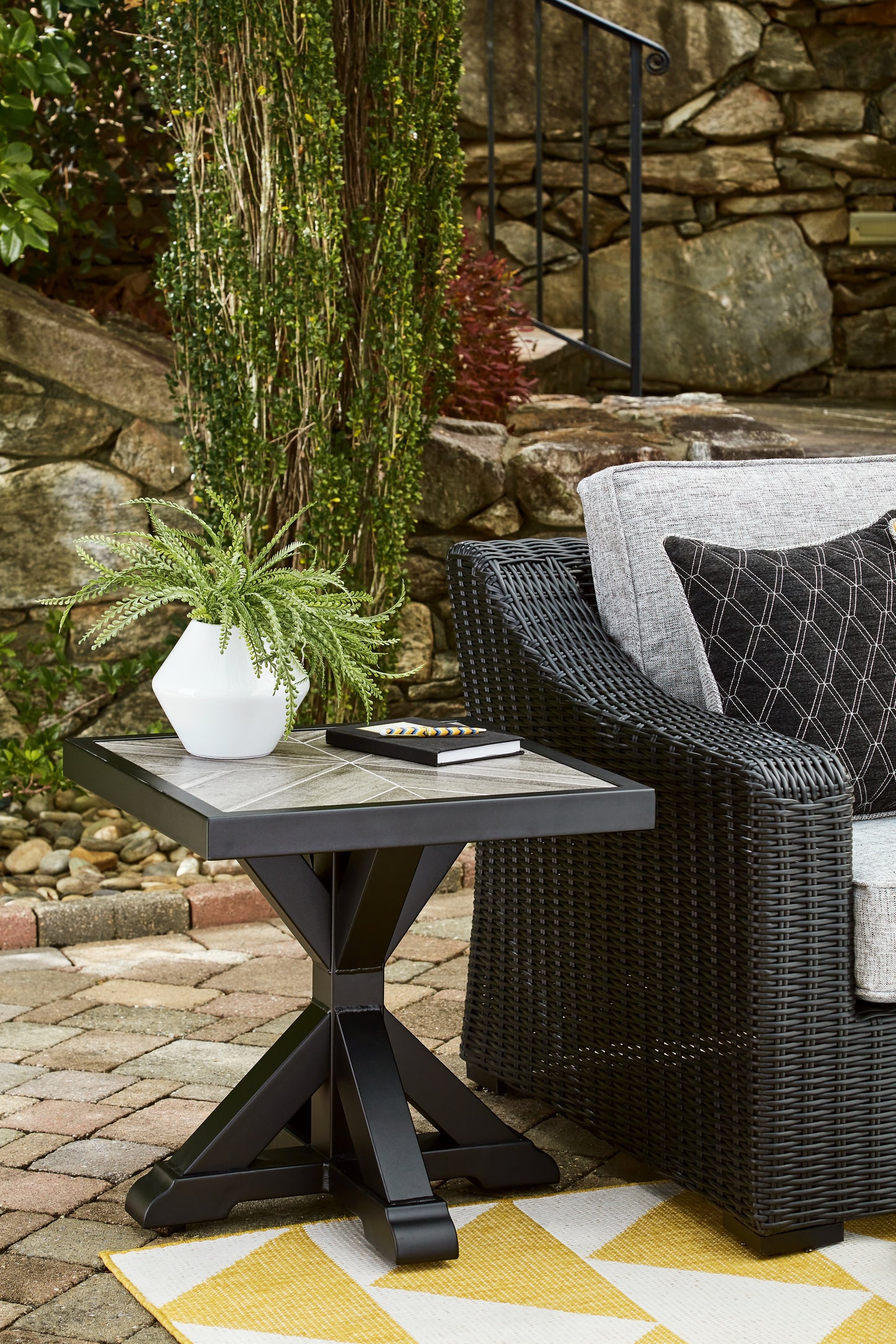 Myers Furniture Outlet - Ashley Furniture - Beachcroft Outdoor - Square End Table / Black/Light Gray - P792-702