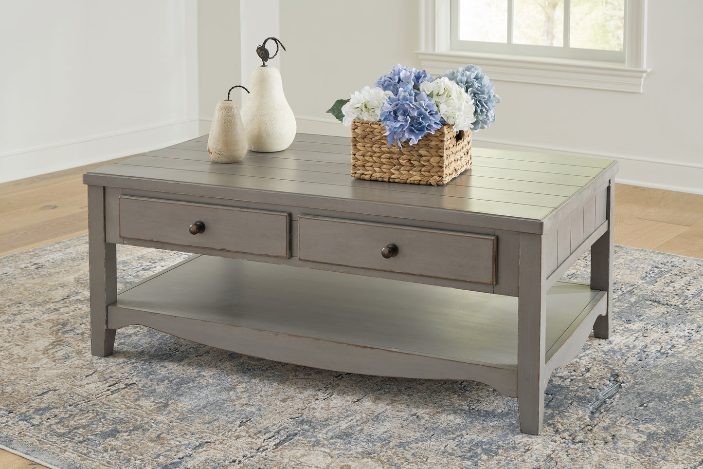 Myers Furniture Outlet - Ashley Furniture - Charina Coffee Table - Rectangular Cocktail Table / Antique Gray - T784-1