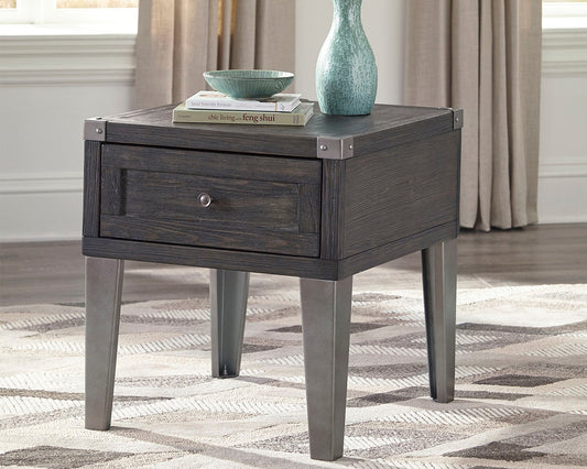 Myers Furniture Outlet - Ashley Furniture - Todoe End Table with USB Ports & Outlets - Rectangular End Table / Dark Gray - T901-3