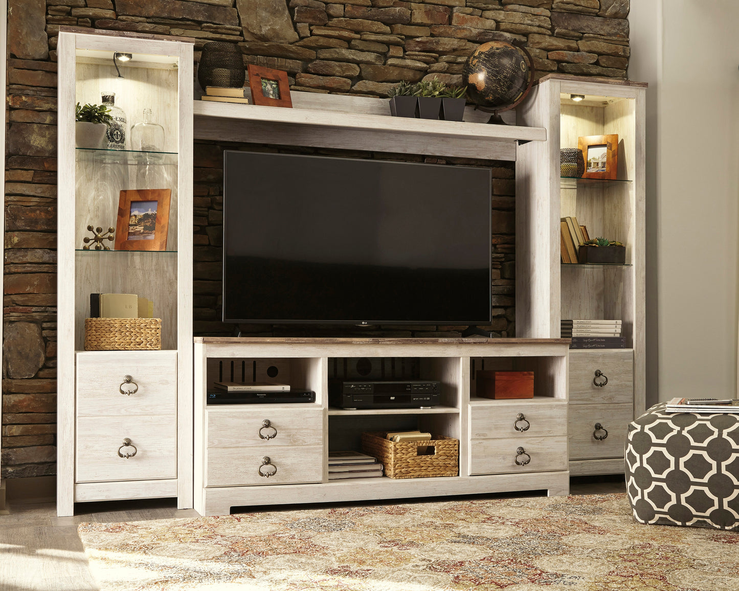 Myers Furniture Outlet - Ashley Furniture - Willowton Entertainment Center - 4-Piece Entertainment Center / Whitewash - W267W3