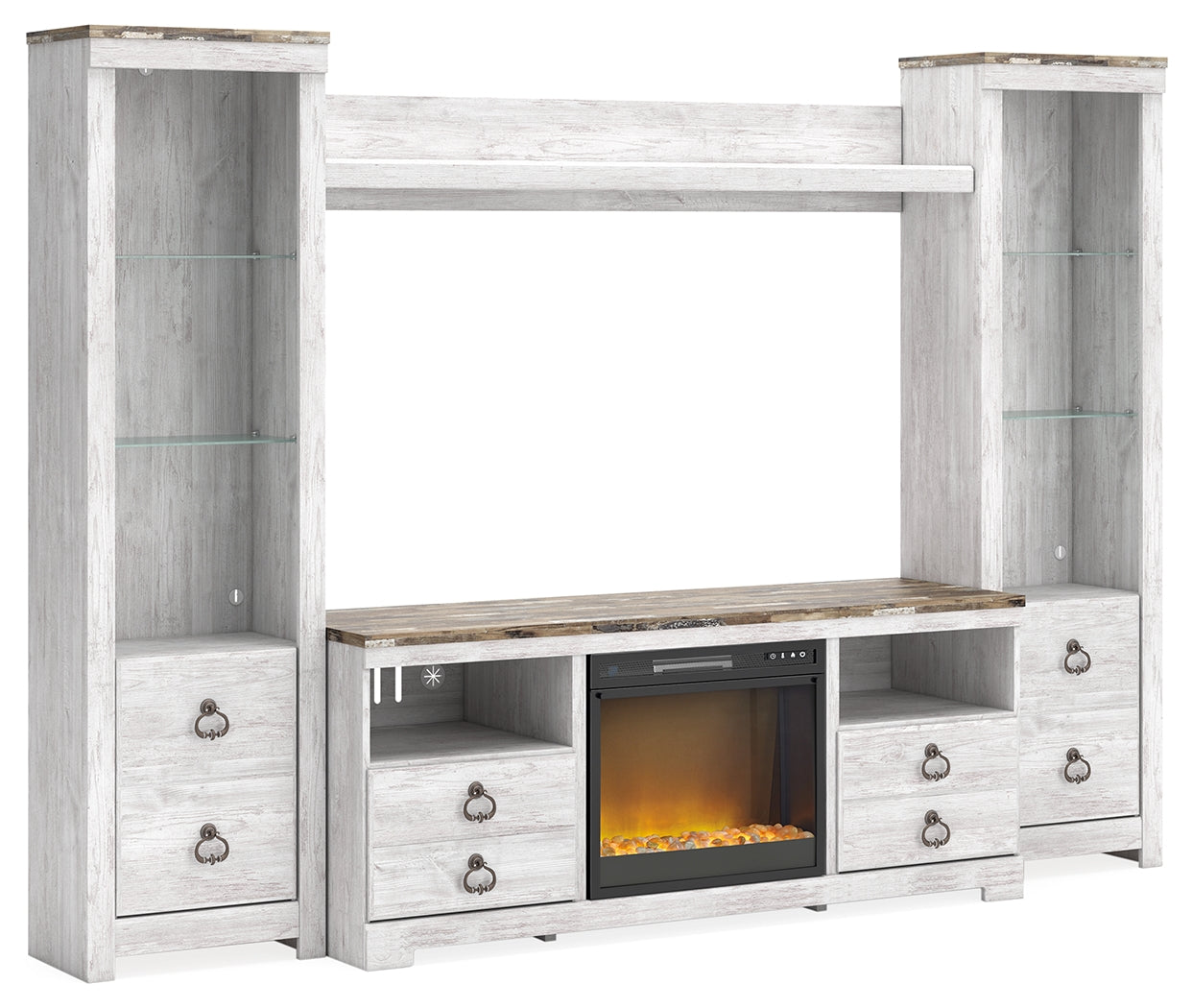 Myers Furniture Outlet - Ashley Furniture - Willowton 4-Piece Entertainment Center with Electric Fireplace - 4-Piece Entertainment Center with Electric Fireplace / Whitewash - W267W4