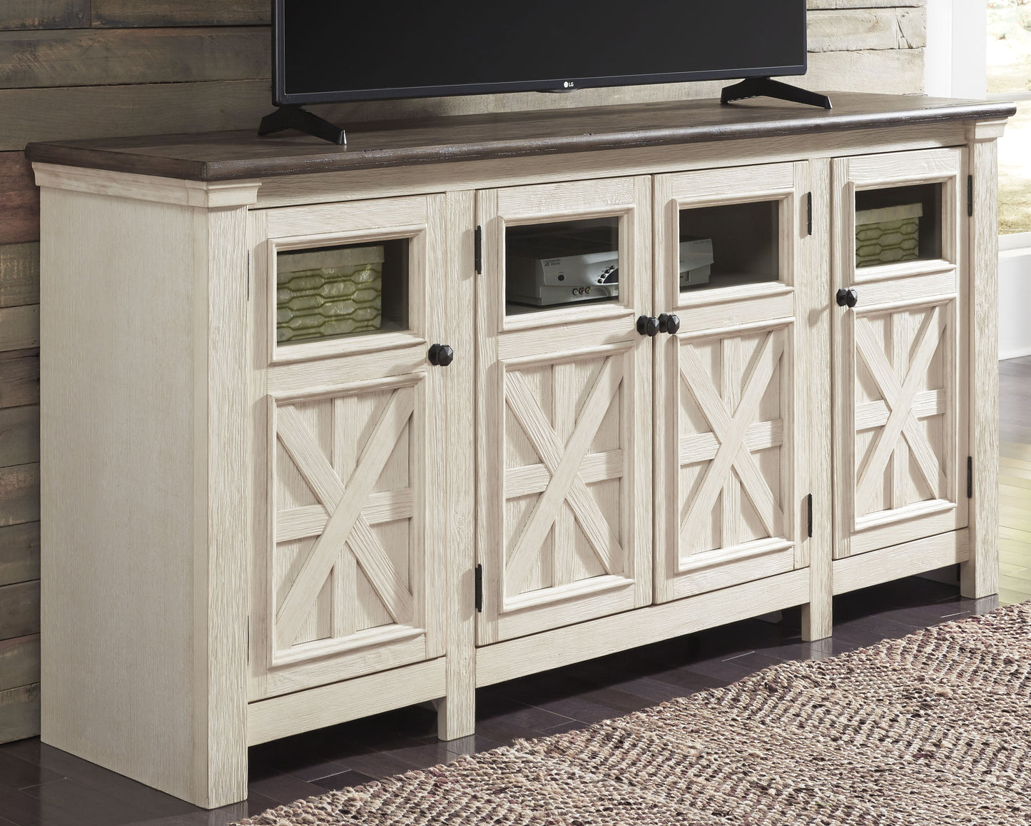Myers Furniture Outlet - Ashley Furniture - Bolanburg 74" TV Stand - 74" / White/Weathered Gray - W647-60