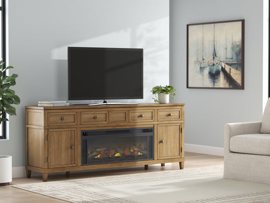 Myers Furniture Outlet - Ashley Furniture - Sharlance 81" TV Stand with Electric Fireplace - 81" TV Stand with Electric Fireplace / Light Brown - W655W1