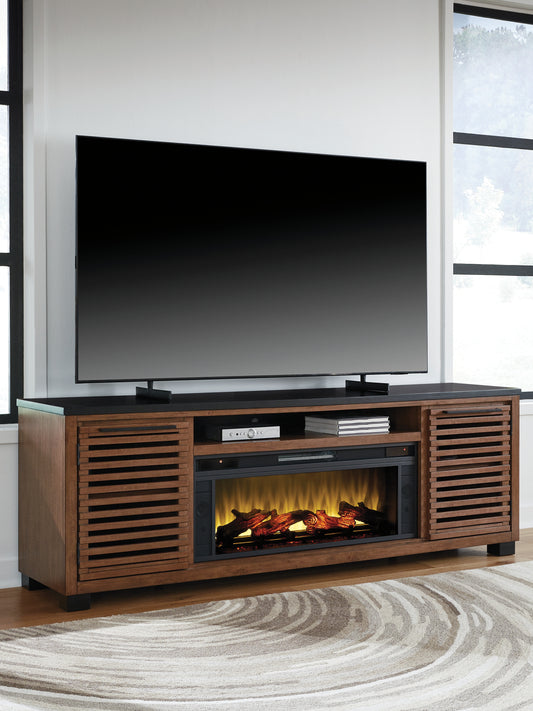 Myers Furniture Outlet - Ashley Furniture - Kallari 84" TV Stand with Electric Fireplace - 84" TV Stand with Electric Fireplace / Warm Brown/Black - W737W1