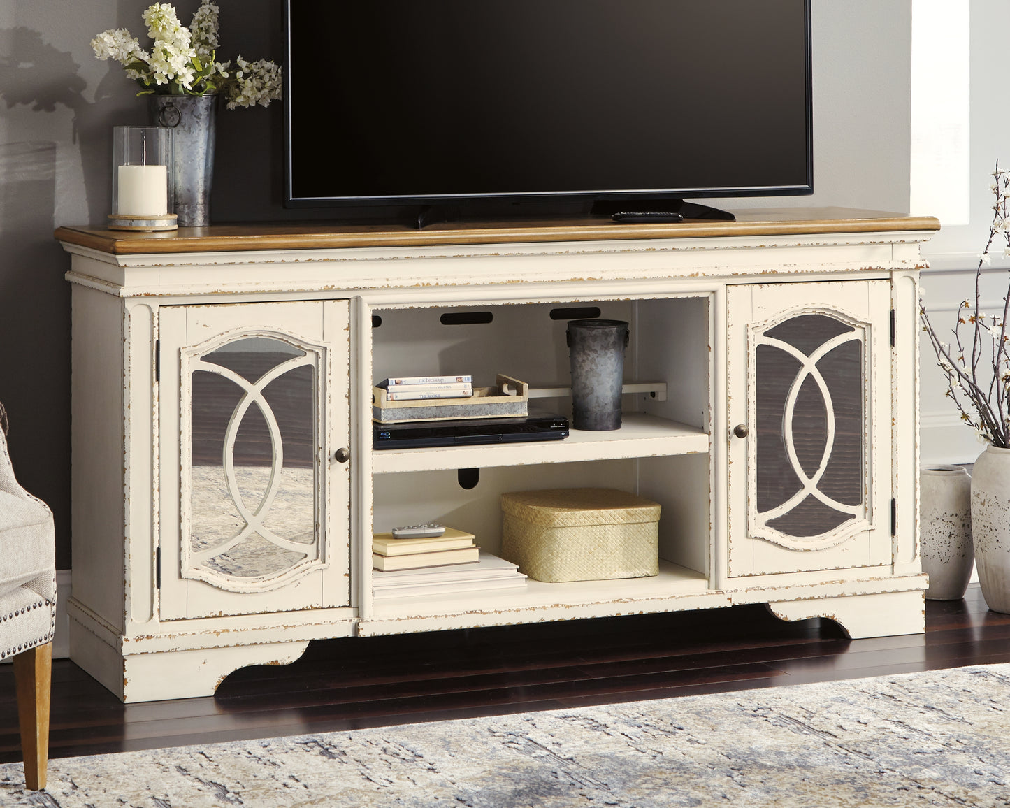 Myers Furniture Outlet - Ashley Furniture - Realyn 74" TV Stand - 74" / Chipped White - W743-68