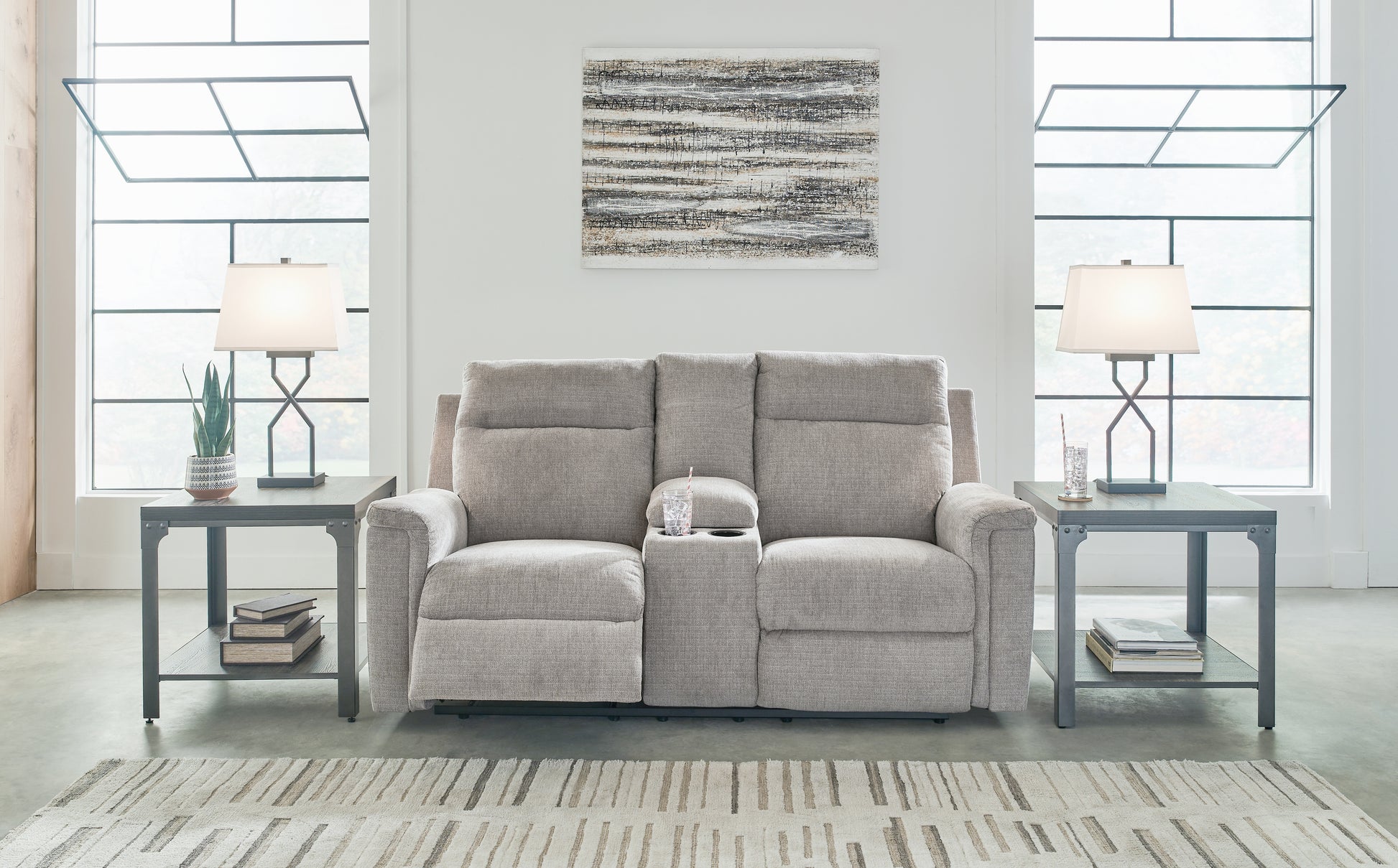 Myers Furniture Outlet - Ashley Furniture - Barnsana Living Room - DBL REC PWR Loveseat w/Console / Ash - 3320196