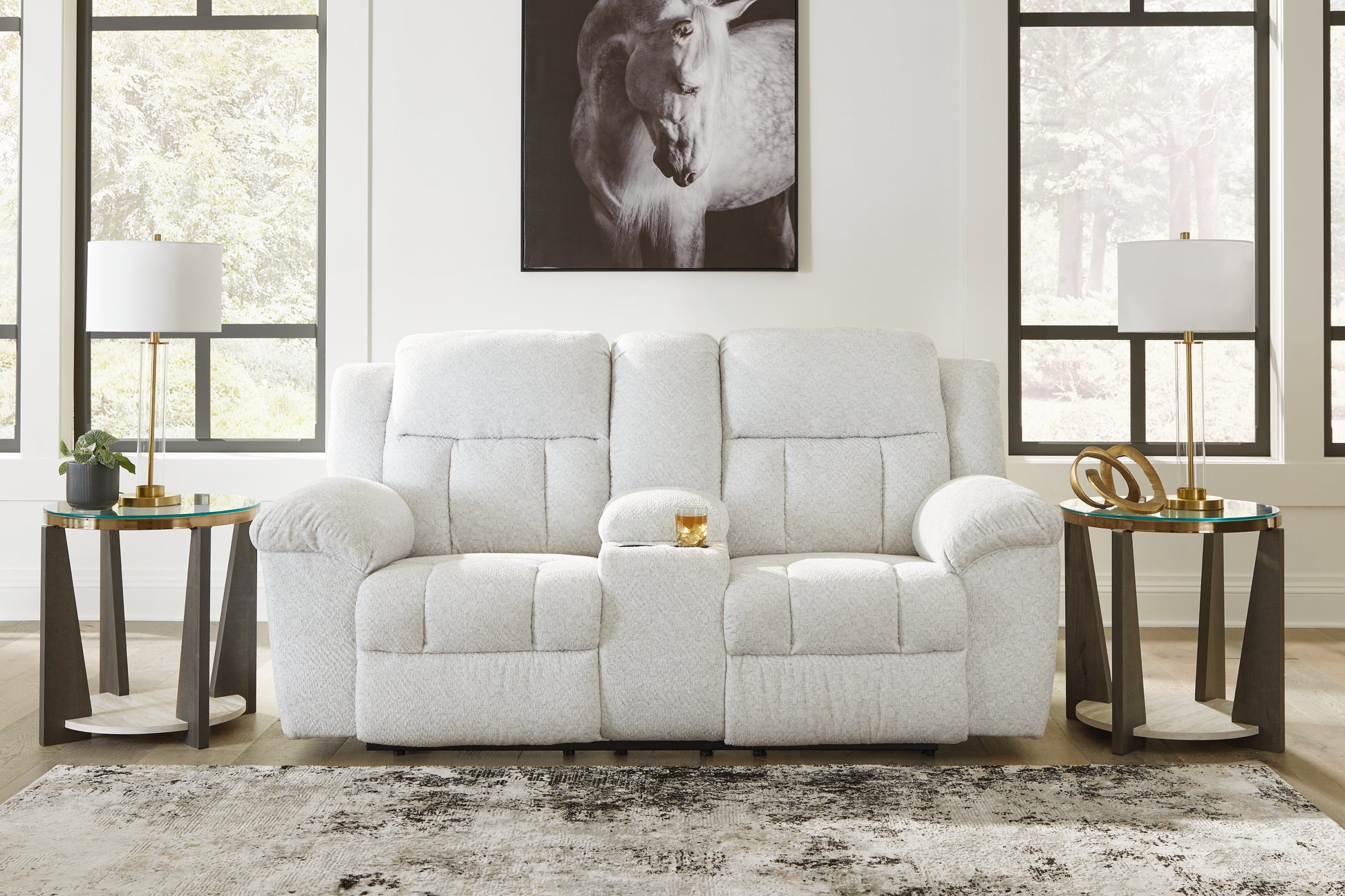 Myers Furniture Outlet - Ashley Furniture - Frohn Living Room - DBL Rec Loveseat w/Console / Snow - 3740594