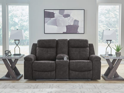Myers Furniture Outlet - Ashley Furniture - Brysonview Living Room - DBL Rec Loveseat w/Console / Charcoal - 6360594