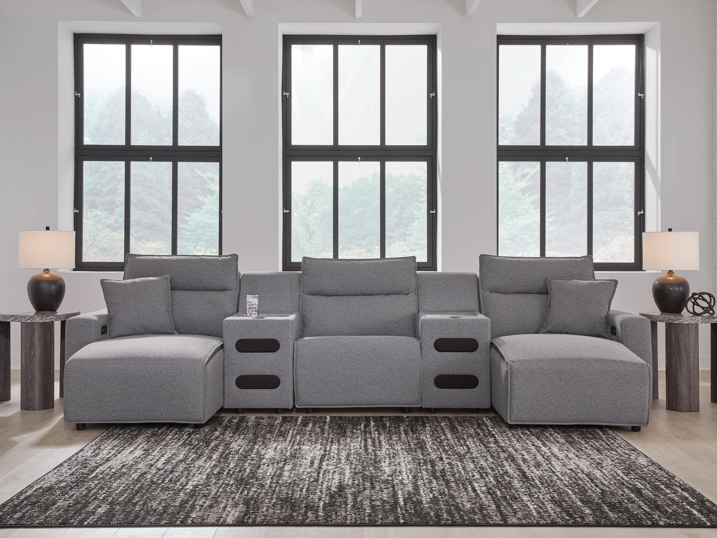 Myers Furniture Outlet - Ashley Furniture - ModMax II Sectional - 5-Piece Power Reclining Sectional with Chaise and Audio Consoles / Salt and Pepper - 65906S15
