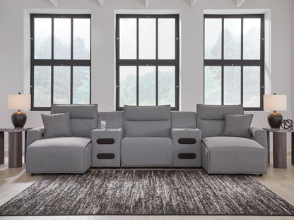 Myers Furniture Outlet - Ashley Furniture - ModMax II Sectional - 5-Piece Power Reclining Sectional with Chaise and Audio Consoles / Salt and Pepper - 65906S15