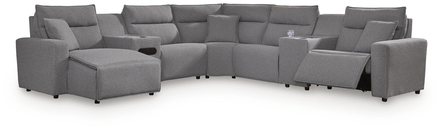 Myers Furniture Outlet - Ashley Furniture - ModMax II Sectional - 7-Piece Power Reclining Sectional with Chaise and Audio Console / Salt and Pepper - 65906S43