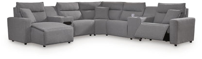 Myers Furniture Outlet - Ashley Furniture - ModMax II Sectional - 7-Piece Power Reclining Sectional with Chaise and Audio Console / Salt and Pepper - 65906S43