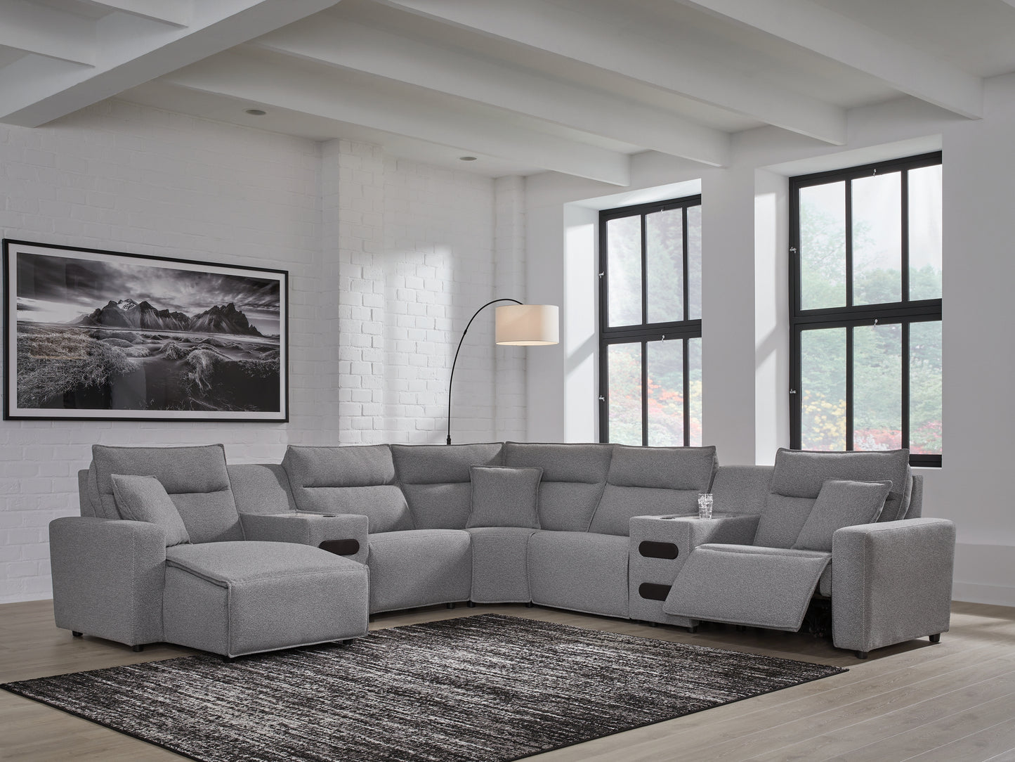Myers Furniture Outlet - Ashley Furniture - ModMax II Sectional - 7-Piece Power Reclining Sectional with Chaise and Audio Consoles / Salt and Pepper - 65906S20