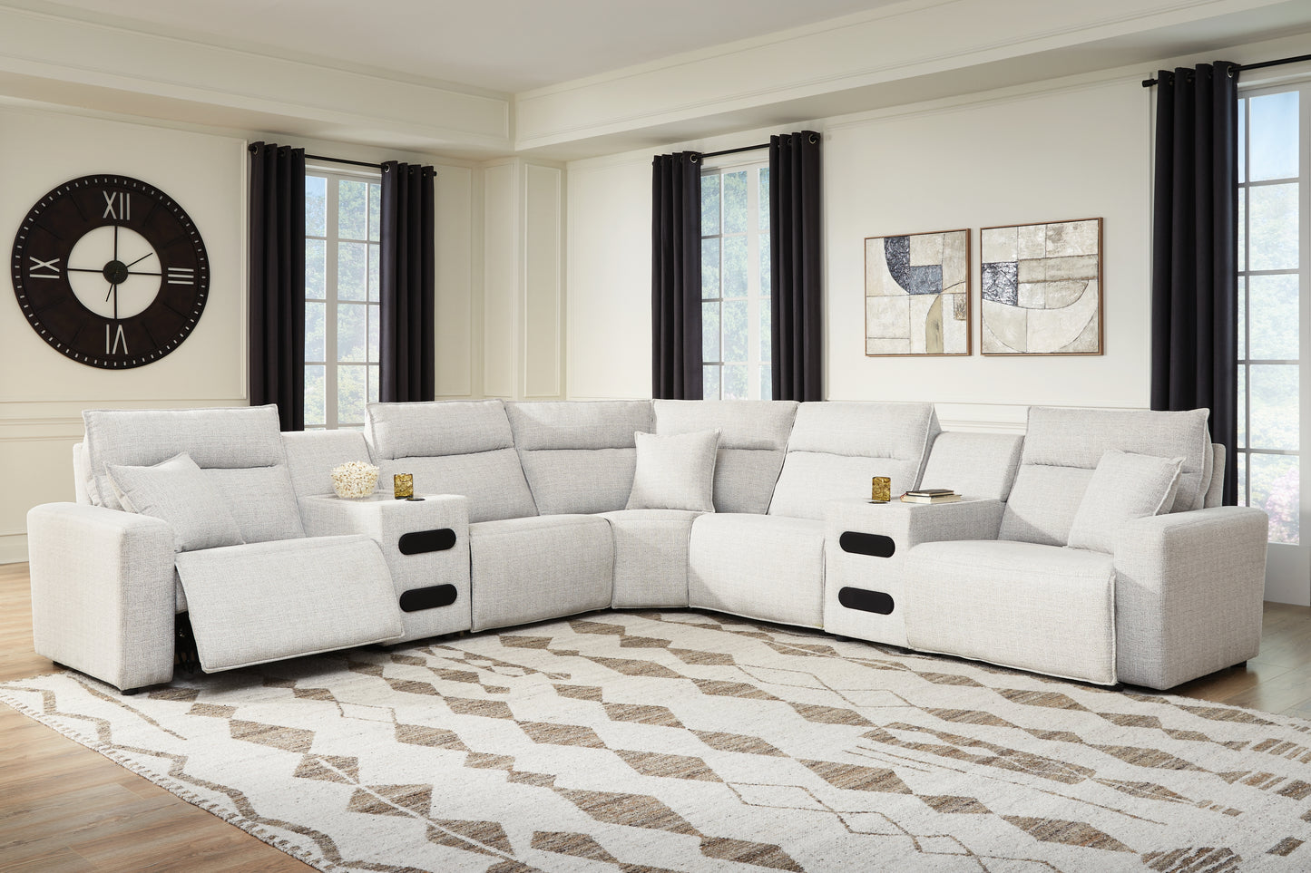 Myers Furniture Outlet - Ashley Furniture - ModMax II Sectional - 7-Piece Power Reclining Sectional with Chaise and Audio Consoles / Stone - 65907S9