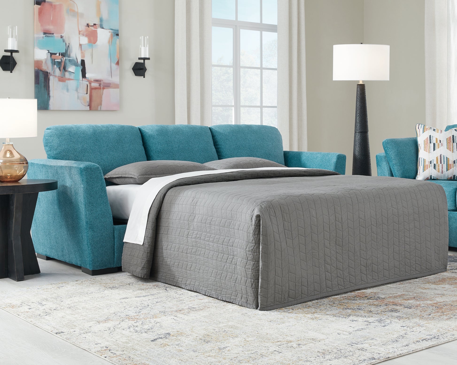Myers Furniture Outlet - Ashley Furniture - Keerwick Living Room - Queen Sofa Sleeper / Teal - 6750739