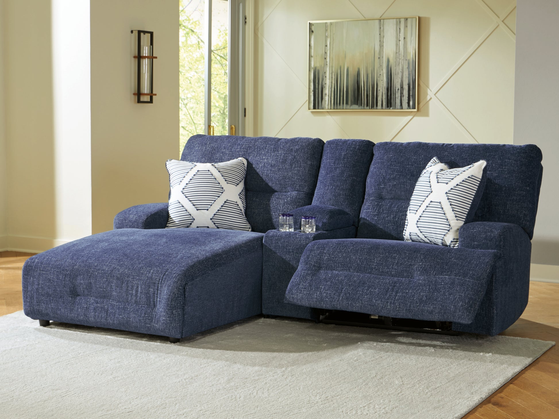 Myers Furniture Outlet - Ashley Furniture - Acklen Place Sectional - 3-Piece Power Reclining Sectional Sofa with Chaise / Navy - 93607S5
