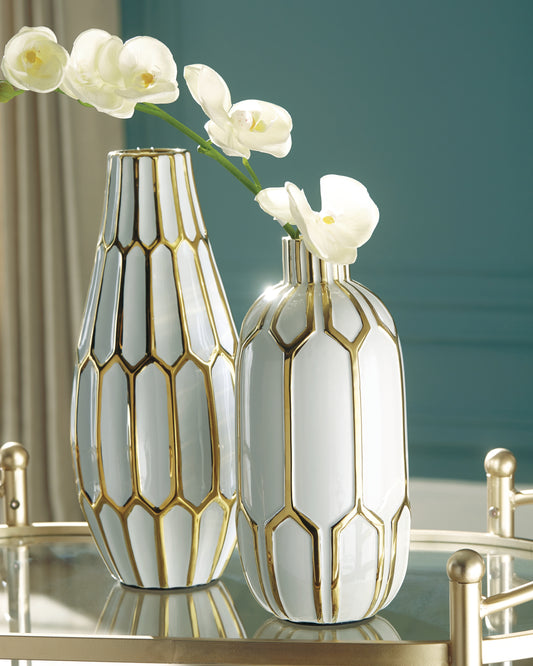 Myers Furniture Outlet - Ashley Furniture - Mohsen Vase - Vase Set (Set of 2) / Gold Finish/White - A2000135